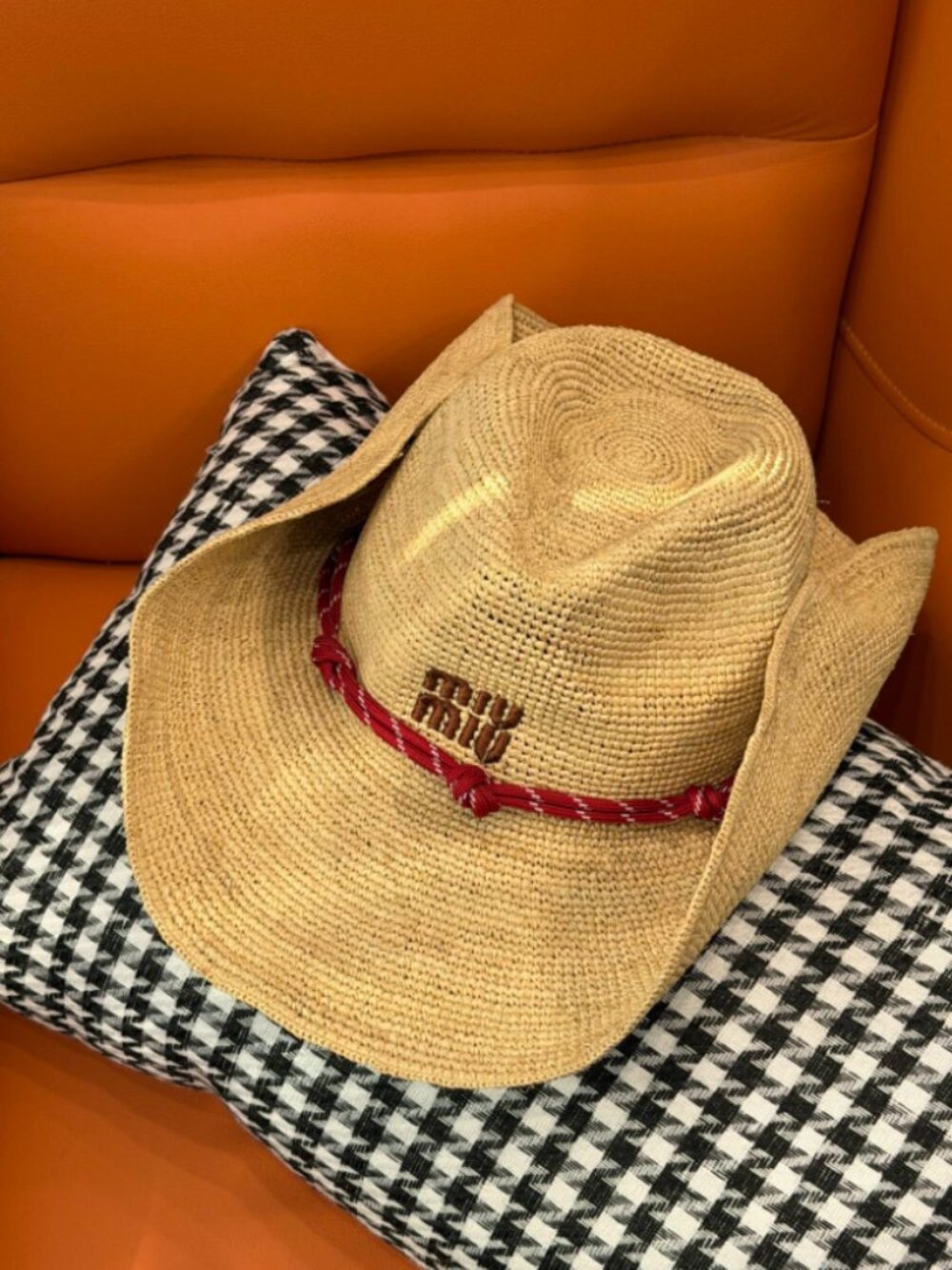 Miu Miu Natural Straw Hat with Red Rope Trim